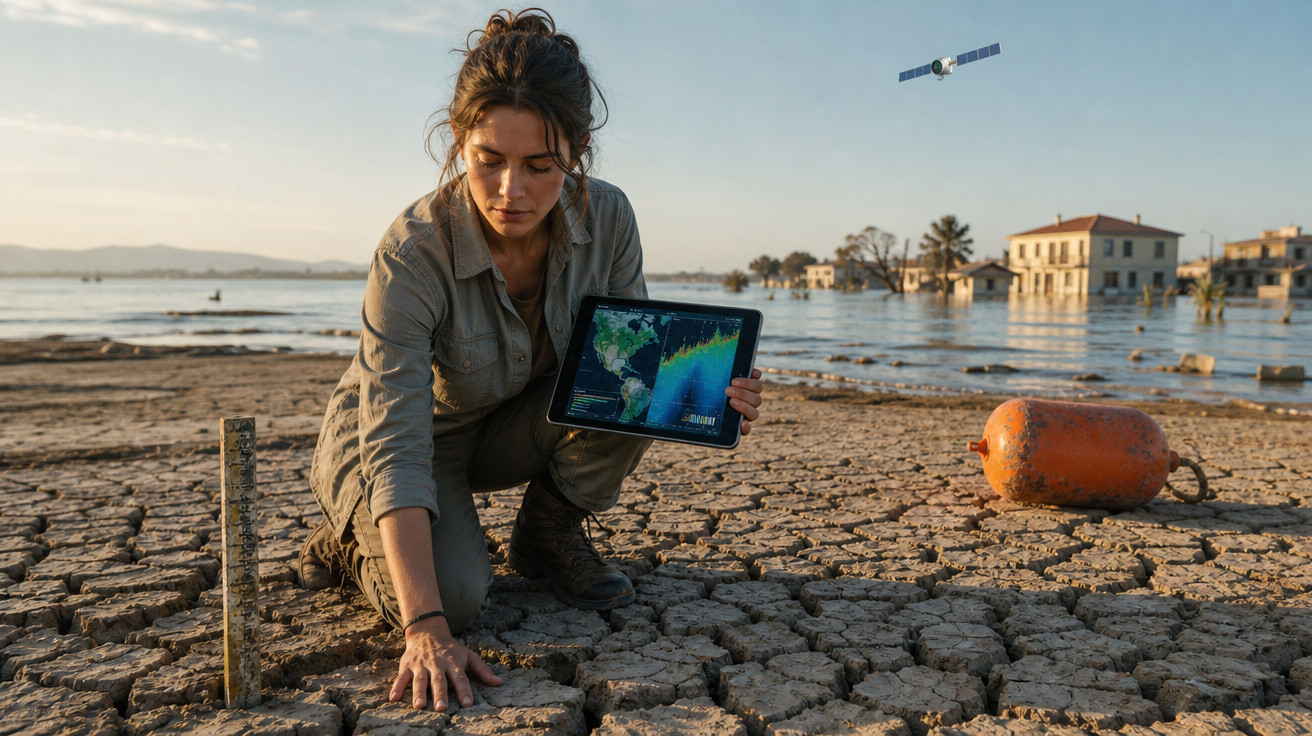 Mulher com tablet analisa chão seco e rachado perto de água e casas parcialmente inundadas ao pôr do sol.