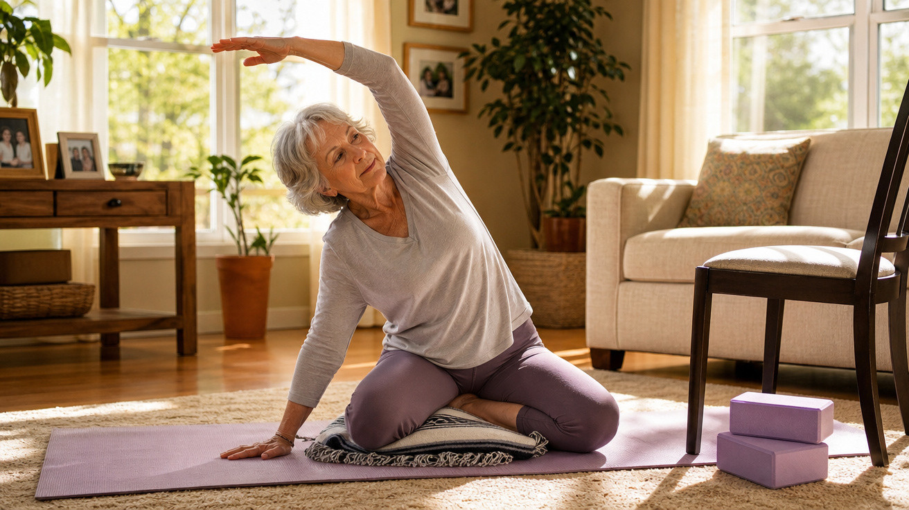 Senhora sénior pratica yoga em casa, sentada num tapete com almofada e alonga braço numa sala iluminada.