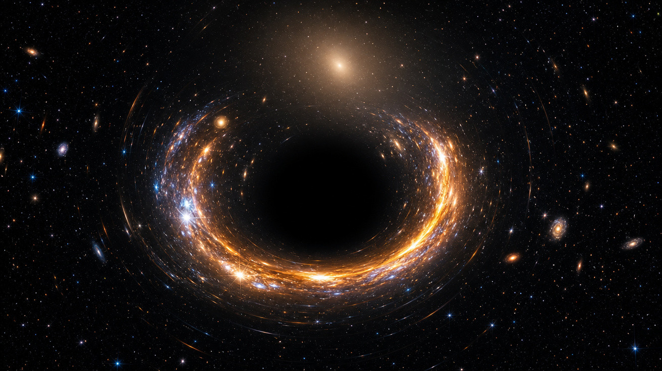 Buraco negro no espaço a distorcer estrelas e galáxias numa espiral luminosa.