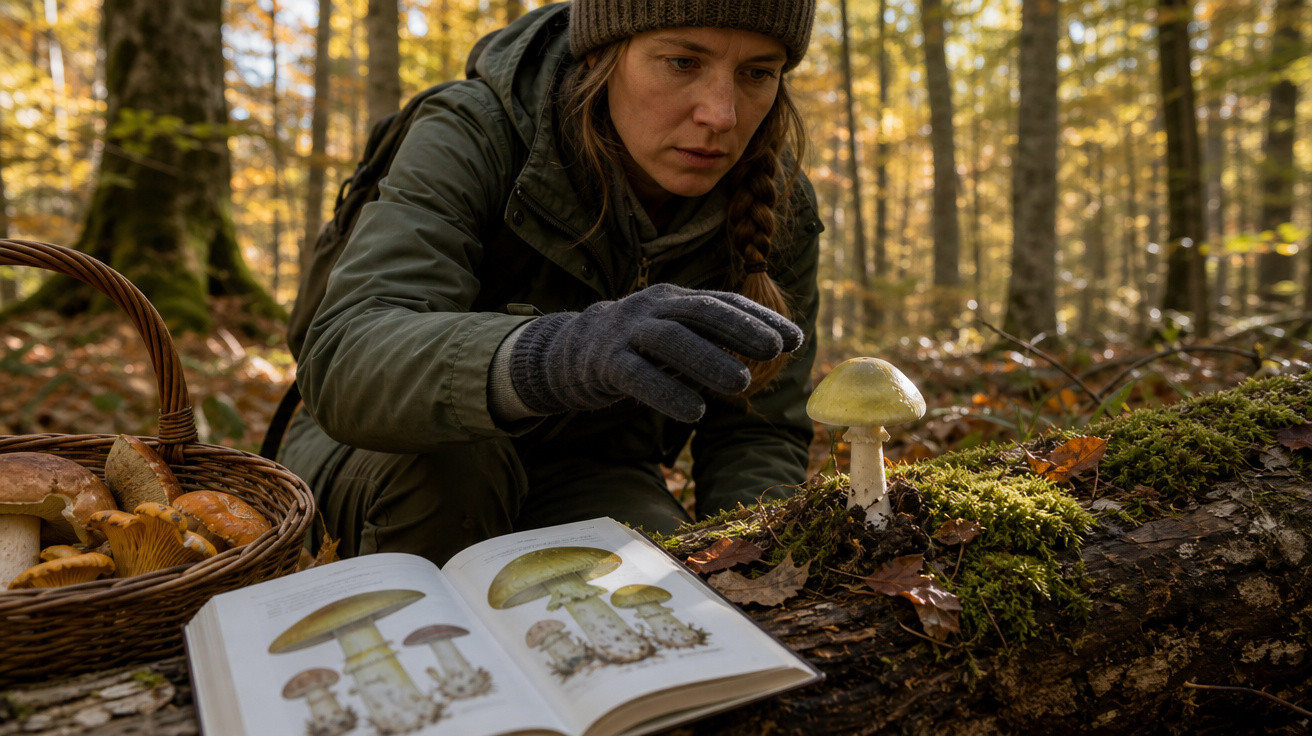Mulher com luvas colhe cogumelo num tronco, à frente livro aberto com ilustrações de cogumelos e cesta com vários.