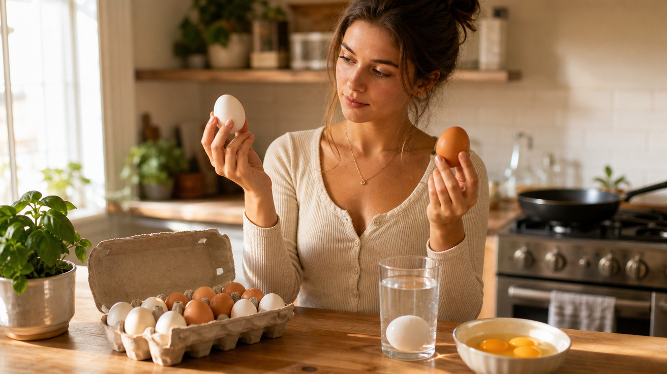 Mulher sentada à mesa a comparar um ovo branco e um ovo castanho na cozinha.