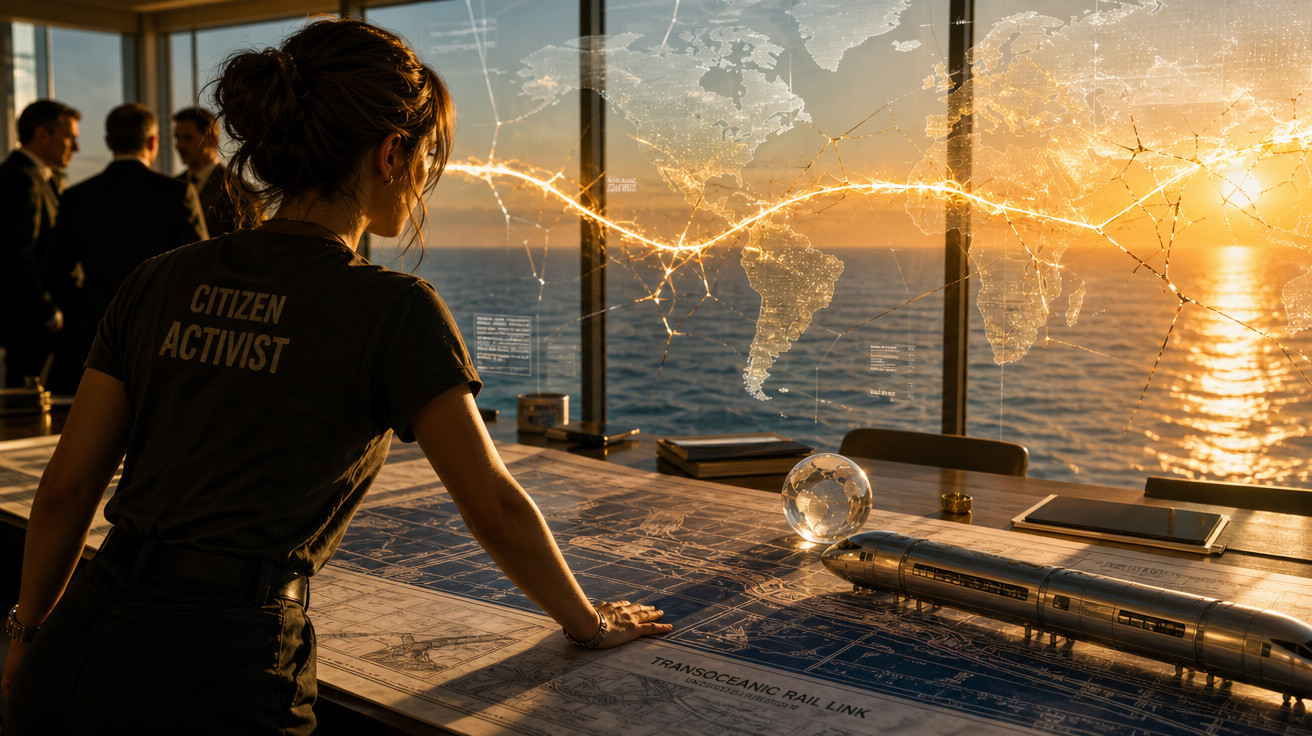 Mulher a estudar mapas e maquete de comboio numa sala com vista para o mar ao pôr do sol e mapa digital do mundo.
