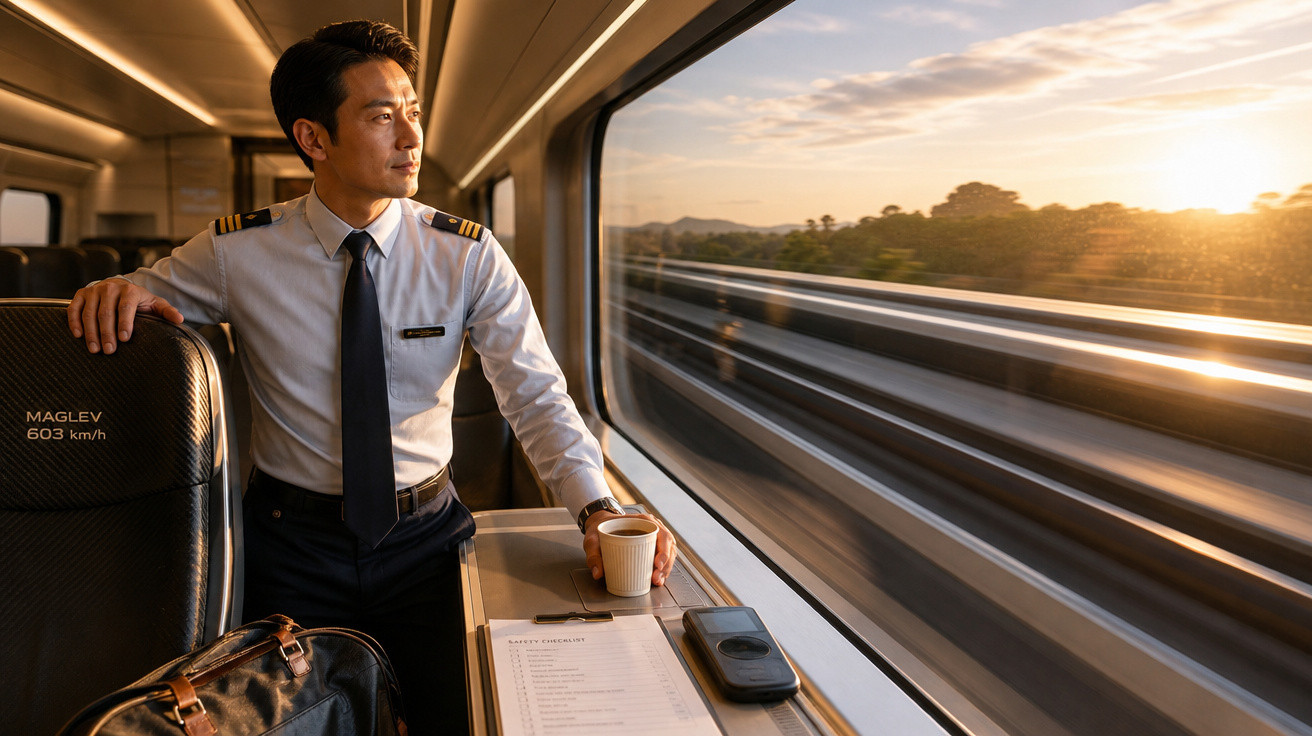 Homem em uniforme observa a paisagem ao luar, sentado dentro de um comboio moderno em movimento rápido.