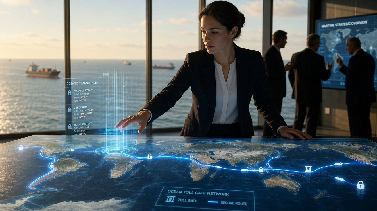 Mulher analisando mapa digital interativo de rotas marítimas, com navios no oceano ao fundo.