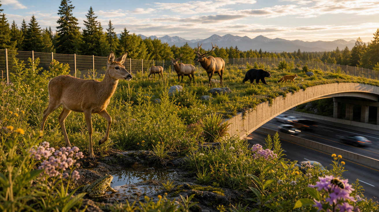 Passagem natural para animais sobre autoestrada com veados, urso, raposa e sapo ao pôr do sol.
