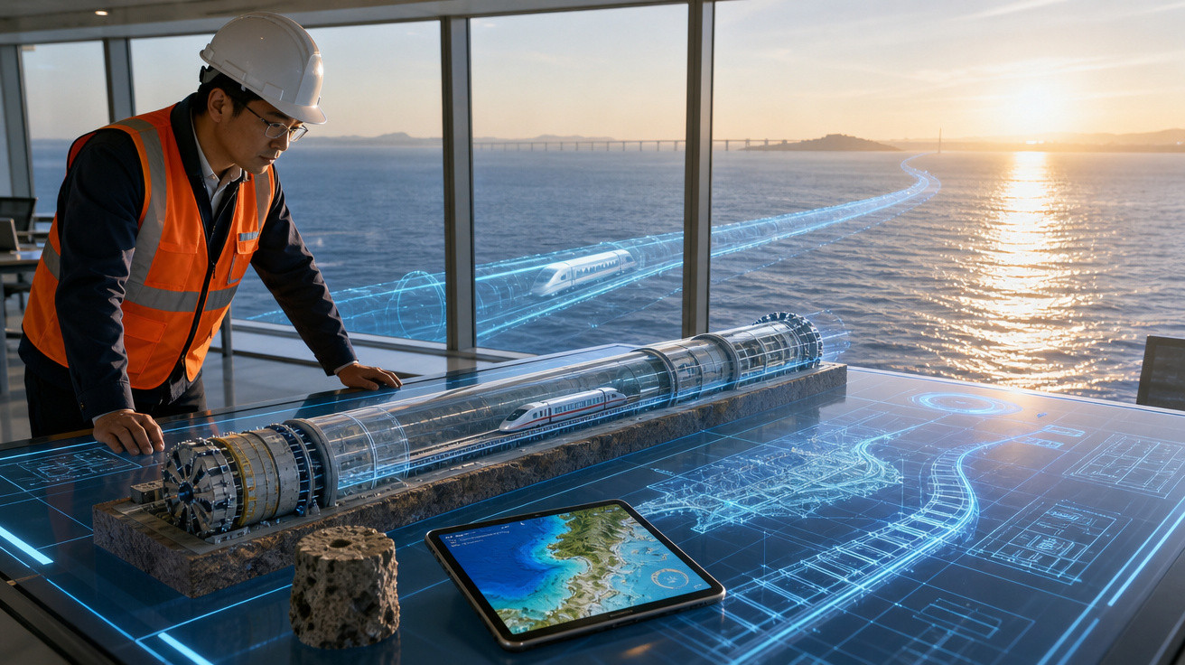 Engenheiro com capacete e colete observa modelo digital futurista de túnel e comboio numa mesa de trabalho junto ao mar.