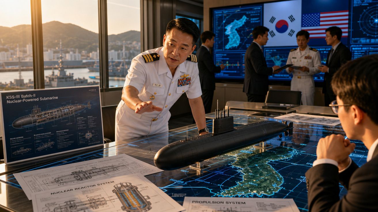 Oficial naval explica modelo de submarino nuclear para grupo de pessoas numa sala de controlo militar.