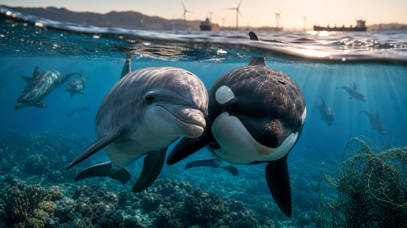 Golfinho e orca nadando juntos em águas cristalinas com turbinas eólicas no horizonte ao pôr do sol.