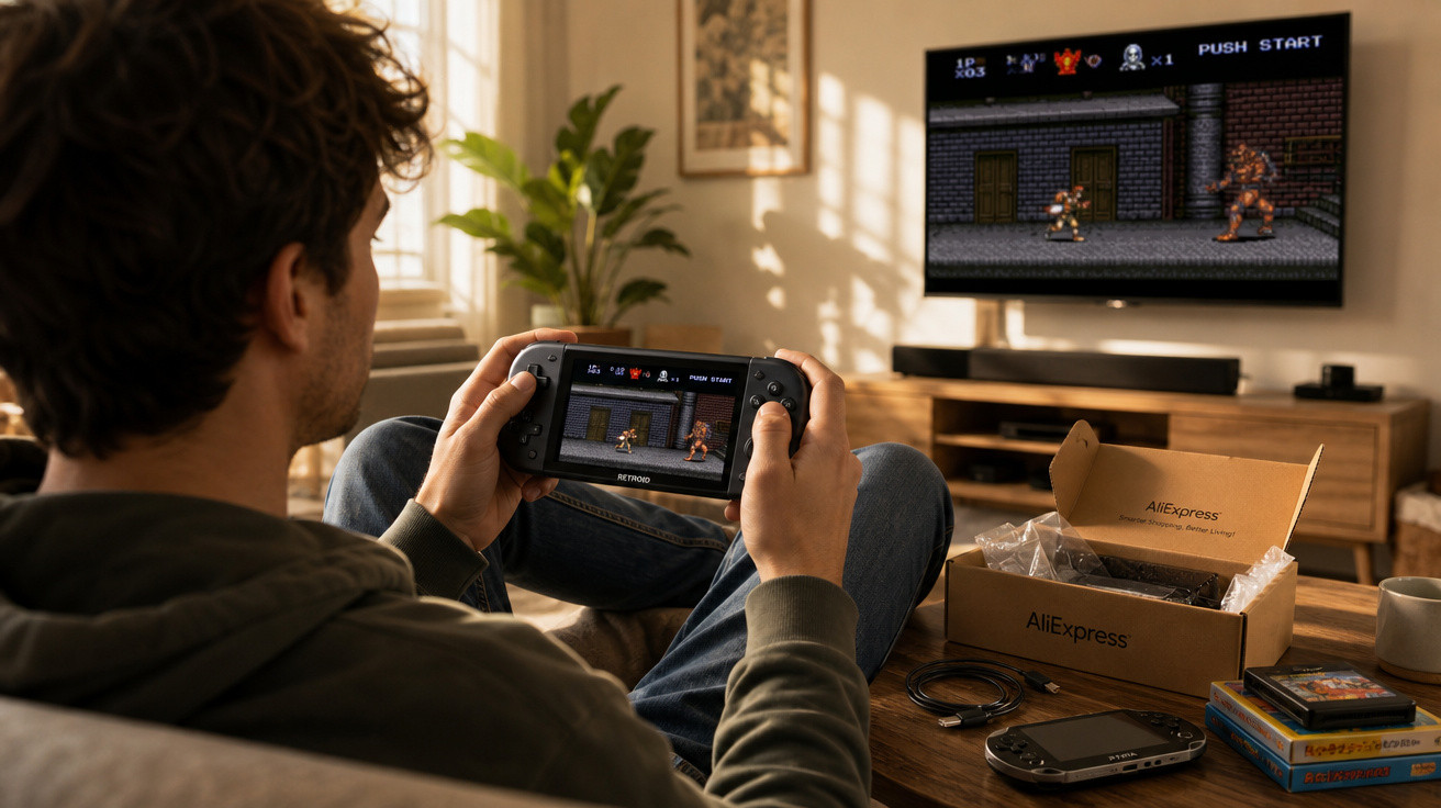Homem sentado no sofá a jogar videojogo retro numa consola portátil ligada à televisão.