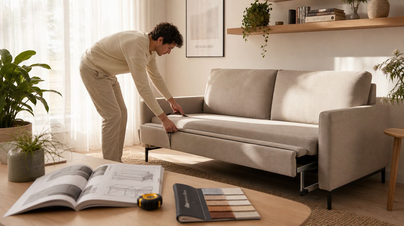 Homem a transformar sofá cinza claro num sofá-cama numa sala com luz natural e plantas.