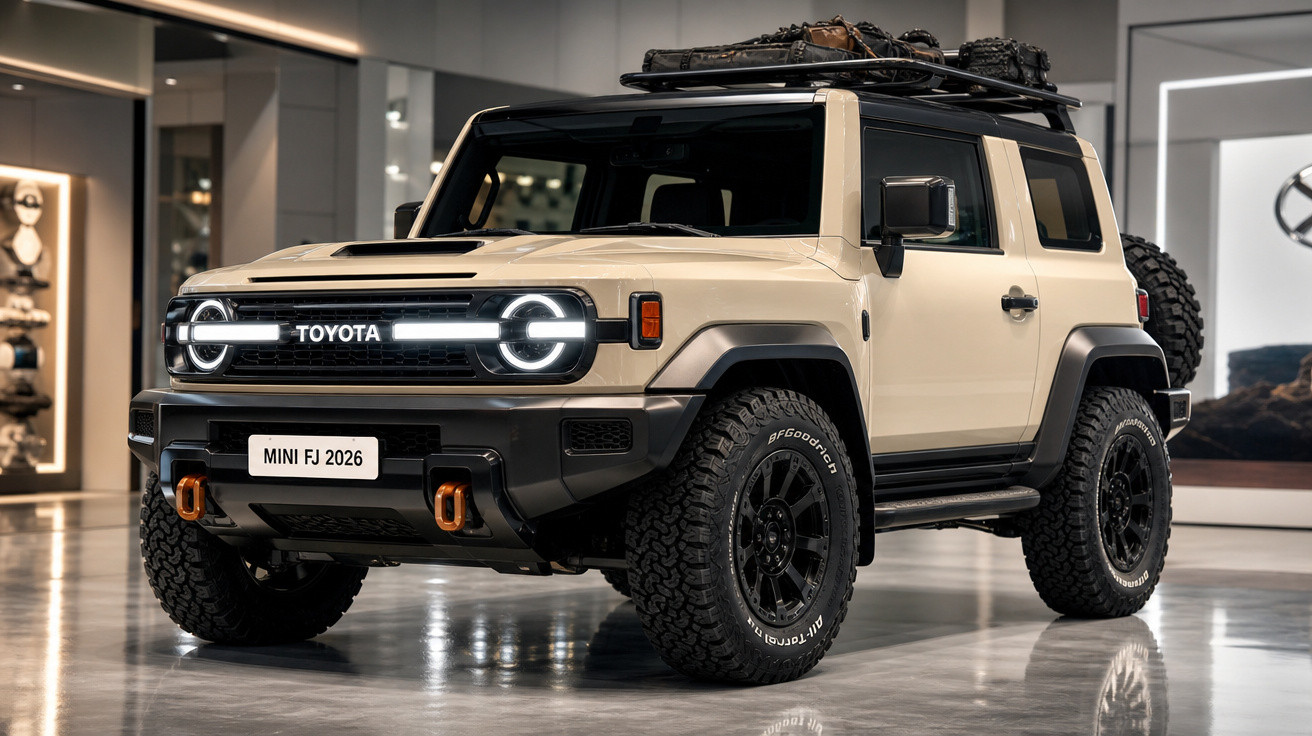 SUV Toyota Mini FJ 2026 bege estacionado em espaço interior moderno com pneus todo-o-terreno.