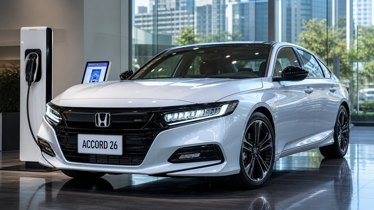 Carro Honda Accord 26 branco estacionado em showroom com estação de carregamento eléctrico ao lado.