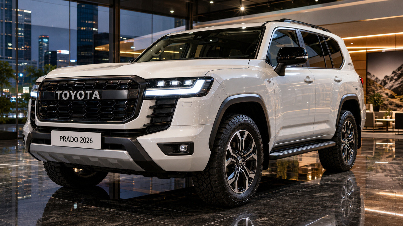 Toyota Prado 2026 branco em exposição, com faróis LED e design robusto, num ambiente interior moderno.