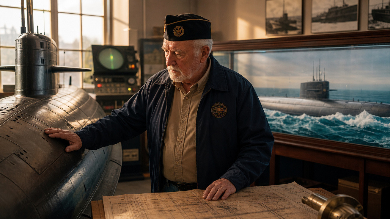 Homem idoso com uniforme naval examina maquete e mapas de submarino em sala com quadro de submarino ao fundo.