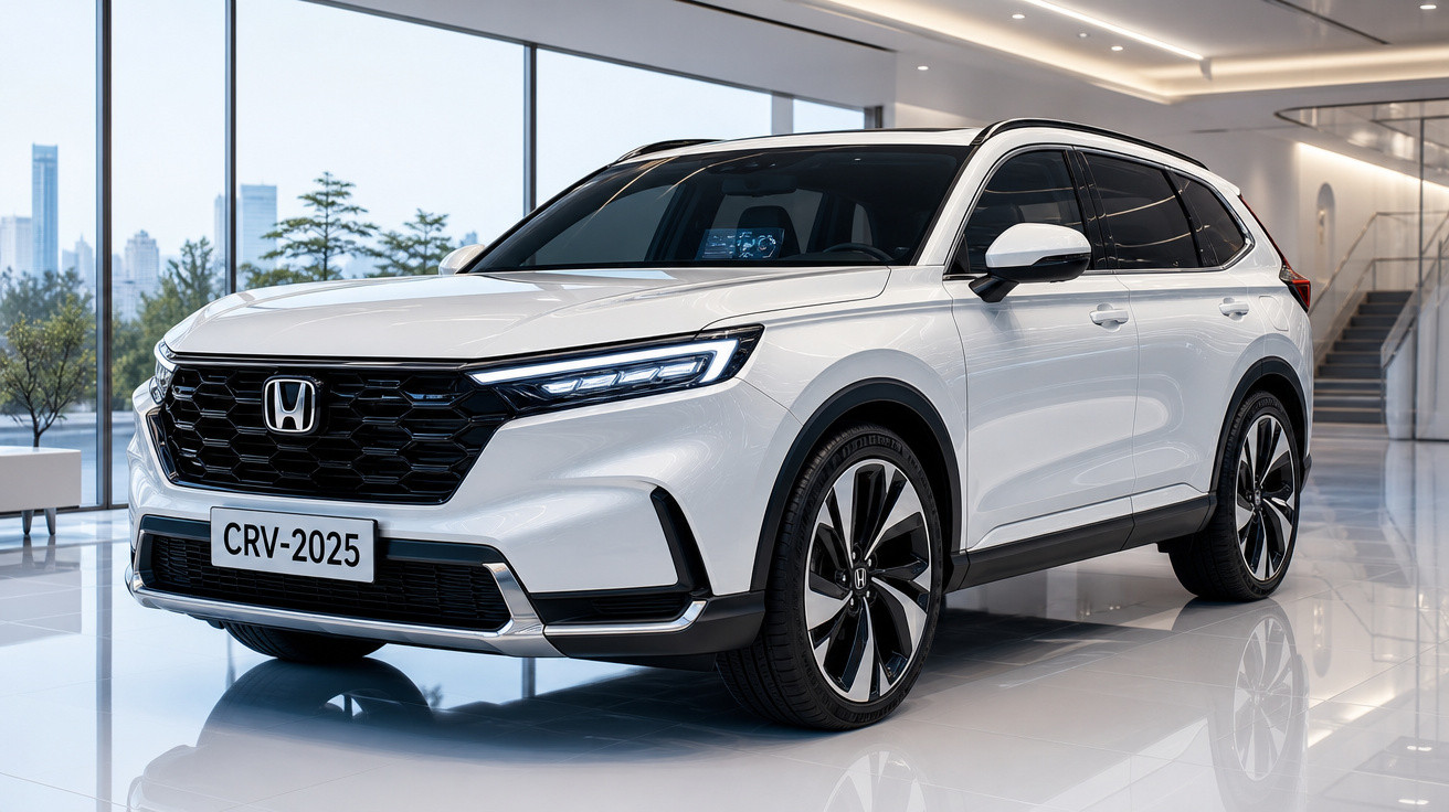 SUV Honda CRV 2025 branco estacionado em showroom moderno com grandes janelas e iluminação suave.