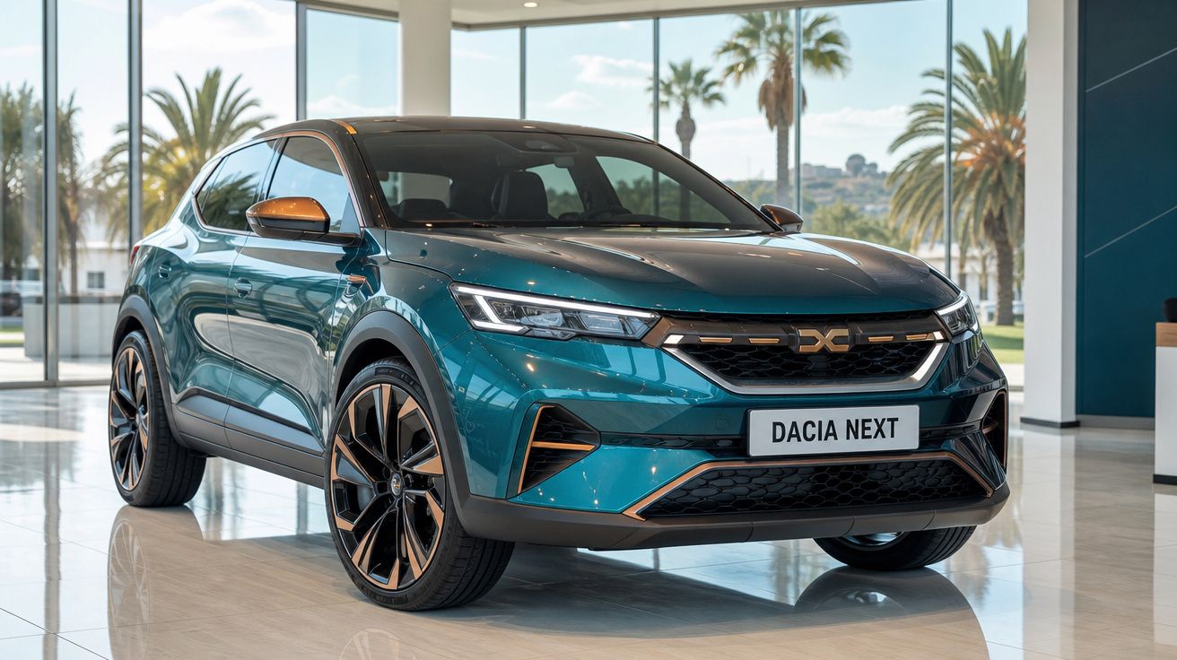 Carro Dacia Next azul metálico exposto em showroom com grandes janelas e palmeiras ao fundo.