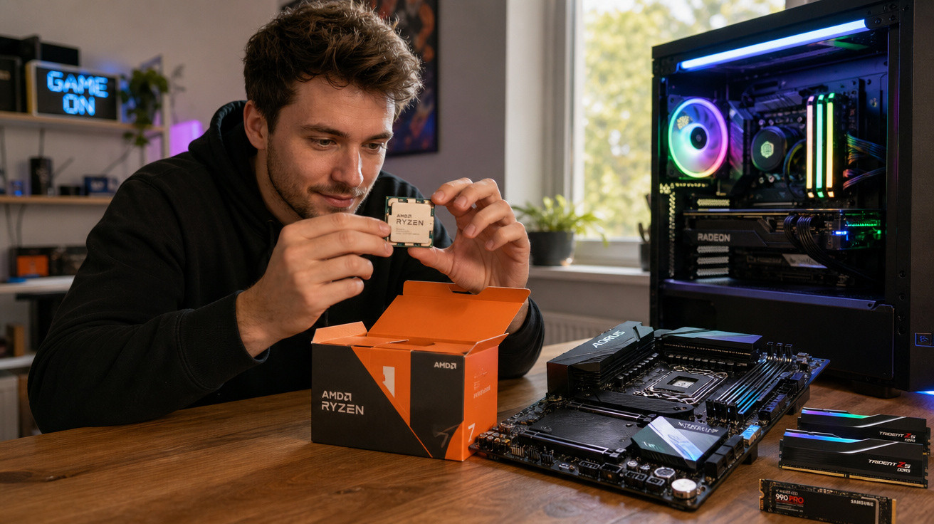 Homem a instalar processador AMD Ryzen na motherboard com computador de jogo iluminado ao fundo.