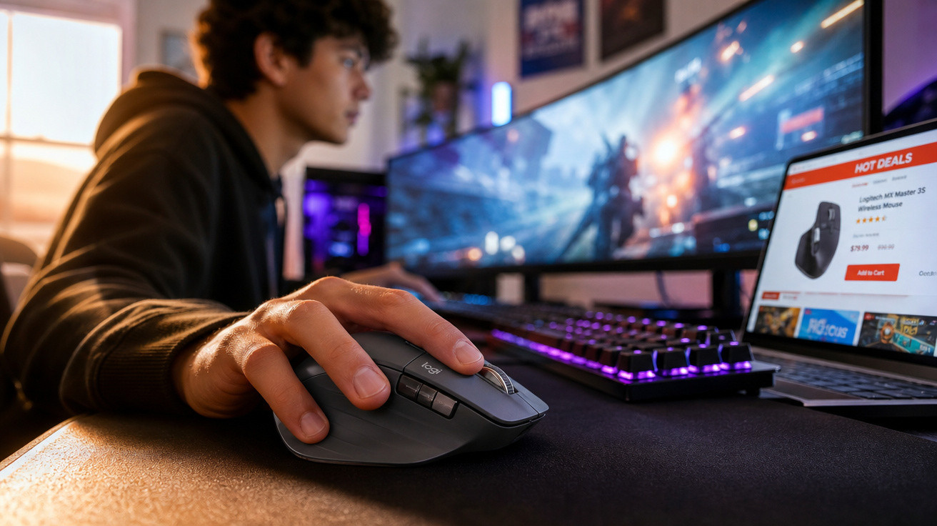 Jovem usando rato de computador com jogos em teclado e ecrãs ultrawide ao fundo numa secretária.