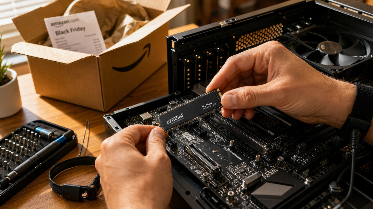 Mãos instalando um módulo Crucial P3 Plus numa motherboard de computador aberta com caixa da Amazon ao fundo.