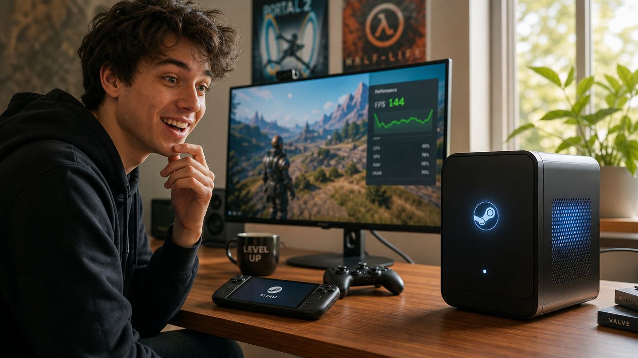 Jovem entusiasmado a jogar videojogos num computador Steam com monitor, comando e consola portátil na secretária.