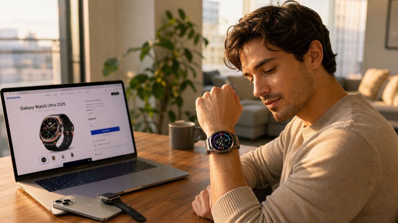 Homem sentado à mesa a experimentar um relógio Galaxy Watch Ultra enquanto consulta um site num portátil.