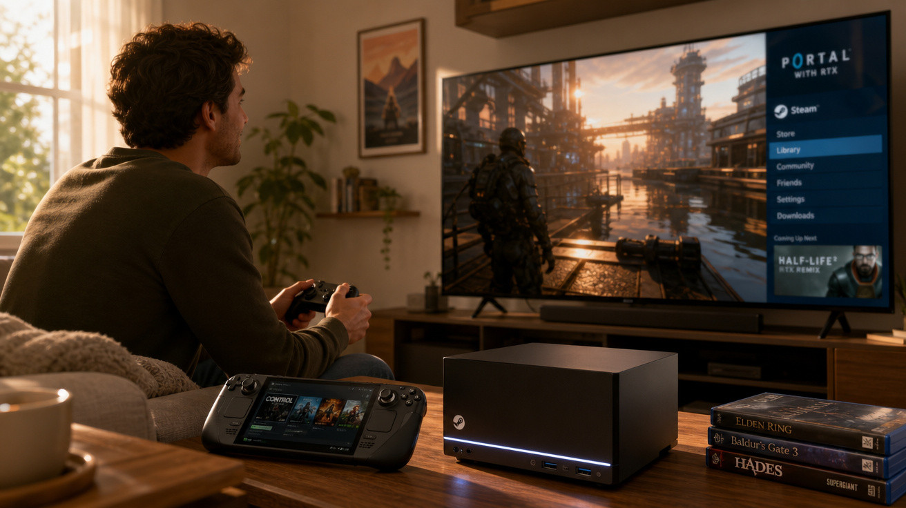 Homem sentado no sofá a jogar videojogos com comando, Steam Deck e PC gaming numa sala moderna iluminada.