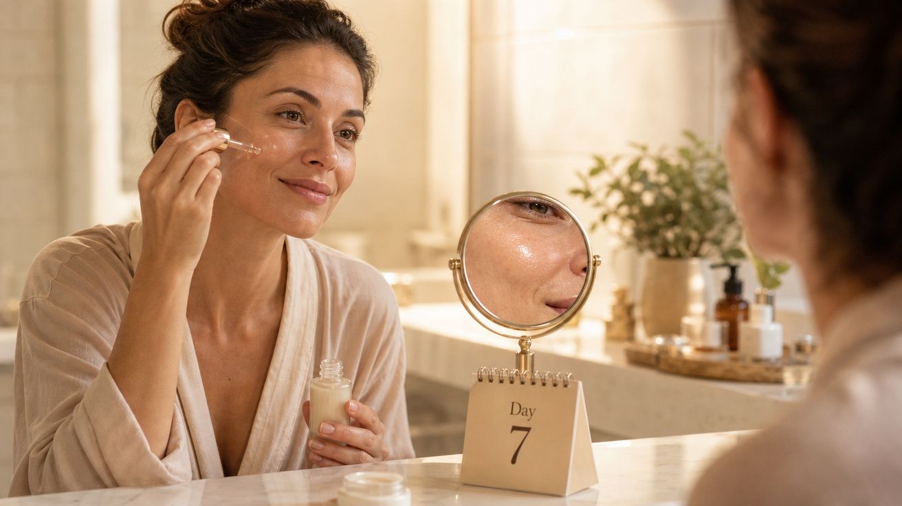 Mulher aplica sérum facial à frente de um espelho redondo num banheiro iluminado.