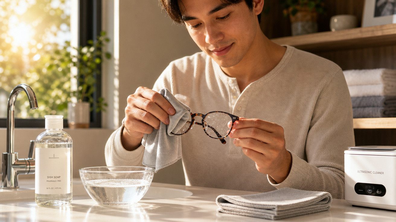 Pessoa a limpar óculos com pano húmido junto a pia e produtos de limpeza num ambiente iluminado.