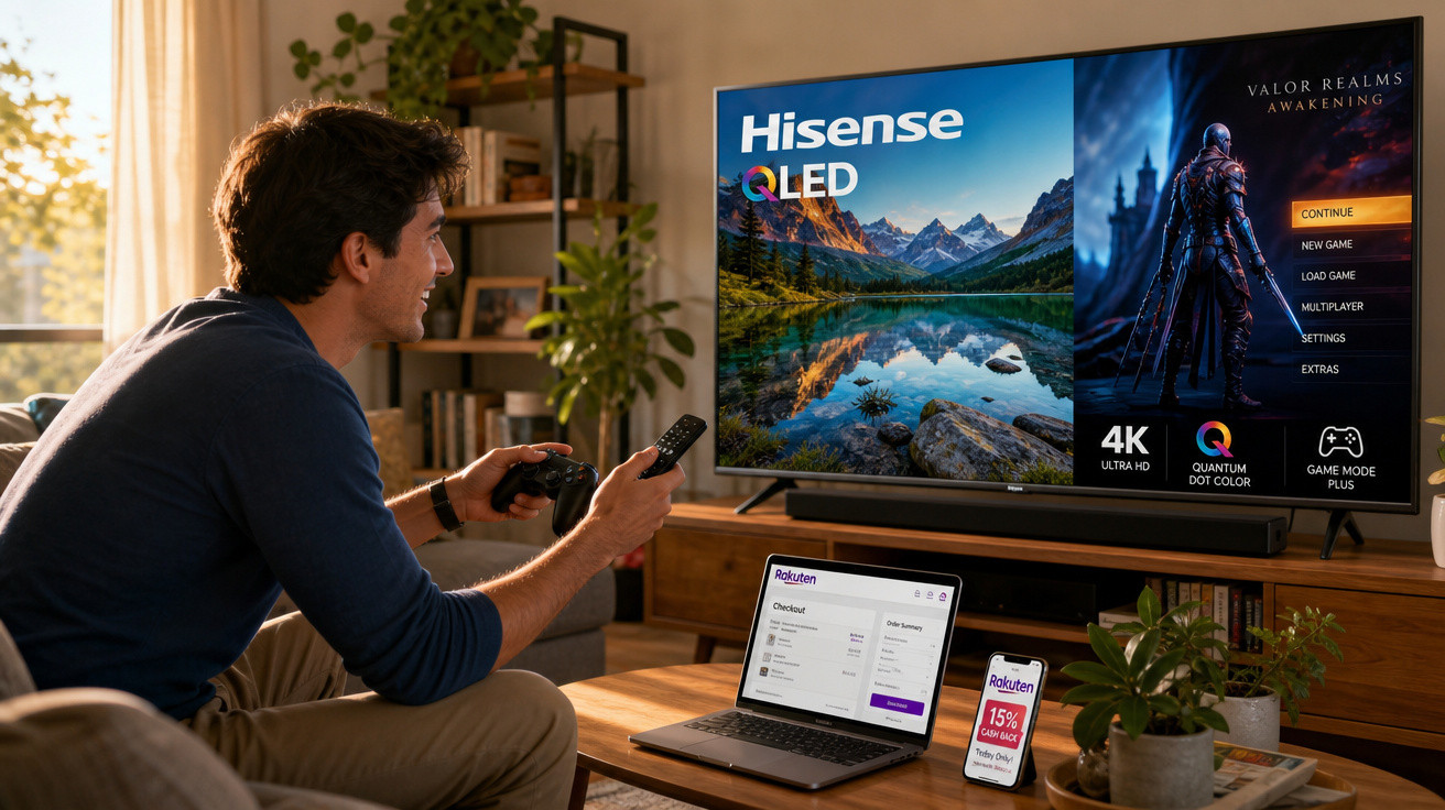 Homem sentado a jogar videojogos numa televisão Hisense QLED numa sala acolhedora e iluminada.