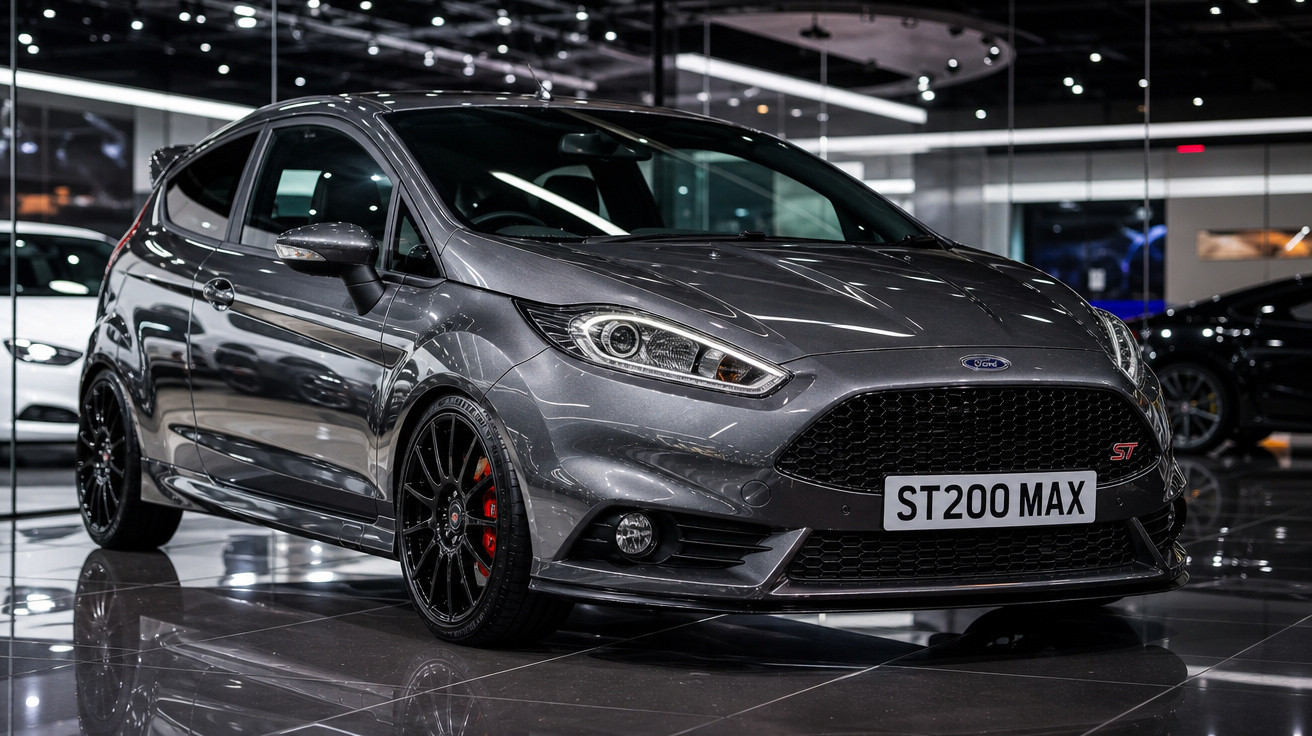 Carro desportivo Ford Fiesta ST cinzento escuro, estacionado num salão com piso espelhado.