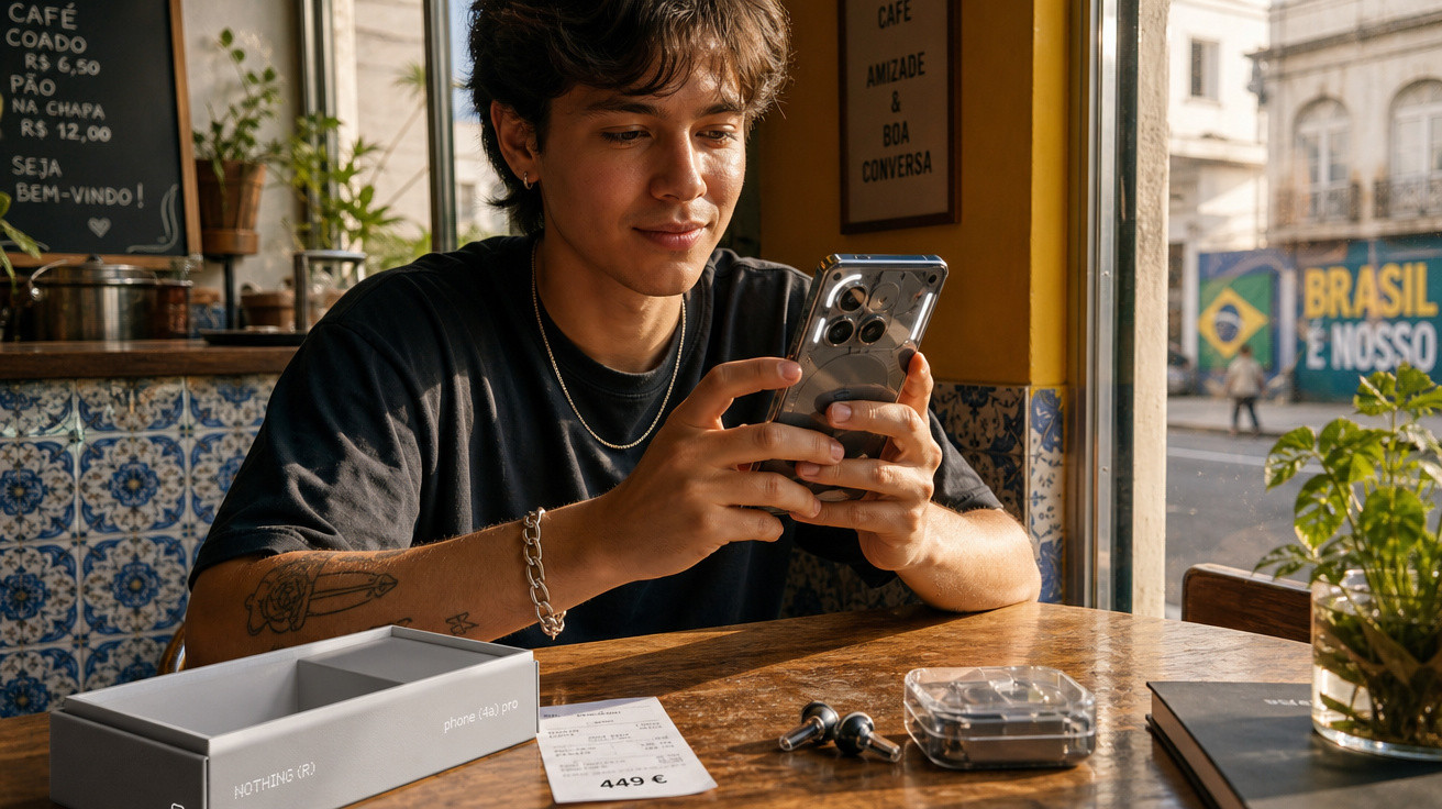 Jovem sentado numa mesa de café, a usar smartphone, com embalagem e fones de ouvido ao seu lado.