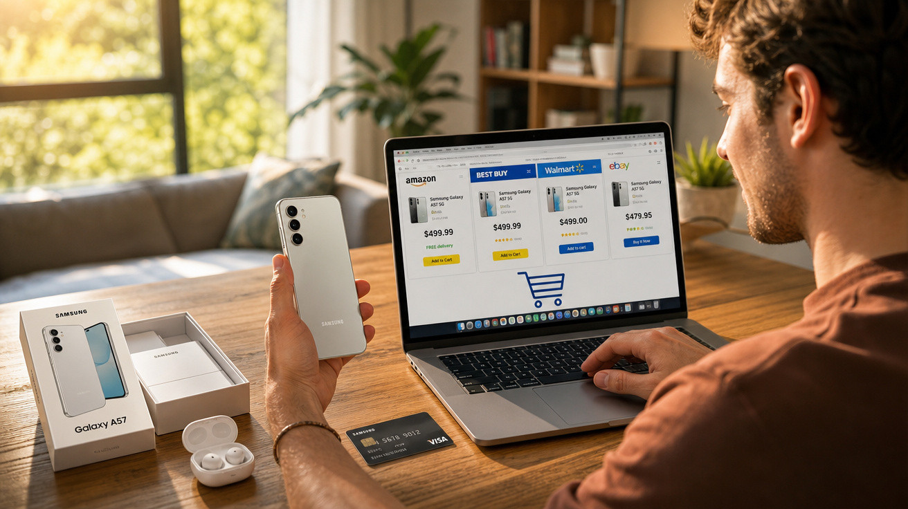 Homem a comparar preços do Samsung Galaxy A57 em lojas online num portátil, com telemóvel e acessórios na mesa.