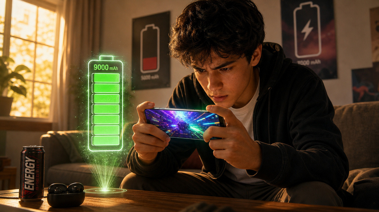 Jovem concentrado a jogar no telemóvel, com ilustração holográfica de bateria de 9000 mAh à frente.