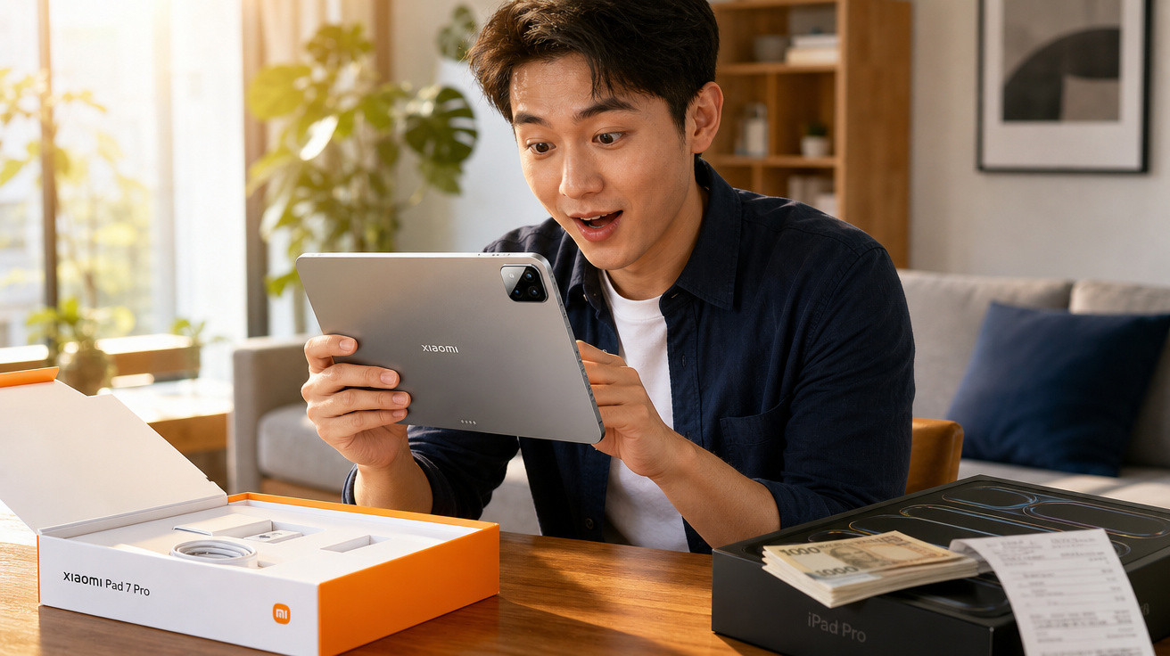 Jovem surpreso a segurar um tablet Xiaomi Pad Pro recém-desembalado numa sala iluminada.