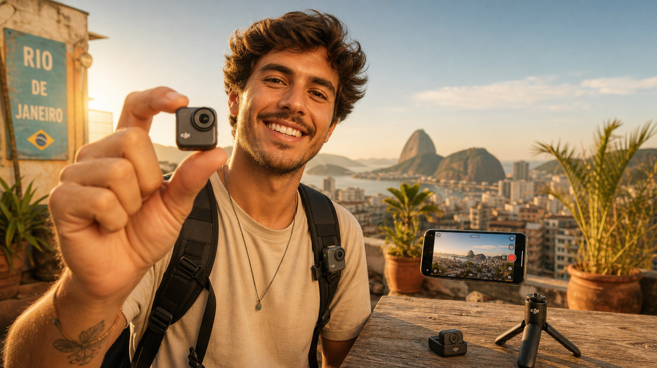 Homem sorridente com mochila segura câmara DJI na mão, com vista panorâmica do Rio de Janeiro ao fundo.
