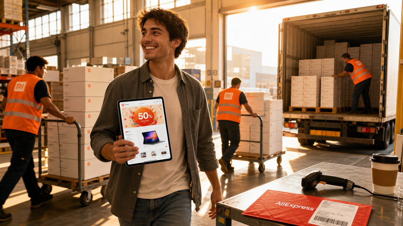 Jovem com tablet mostrando oferta, em armazém com trabalhadores a movimentar caixas Xiaomi.