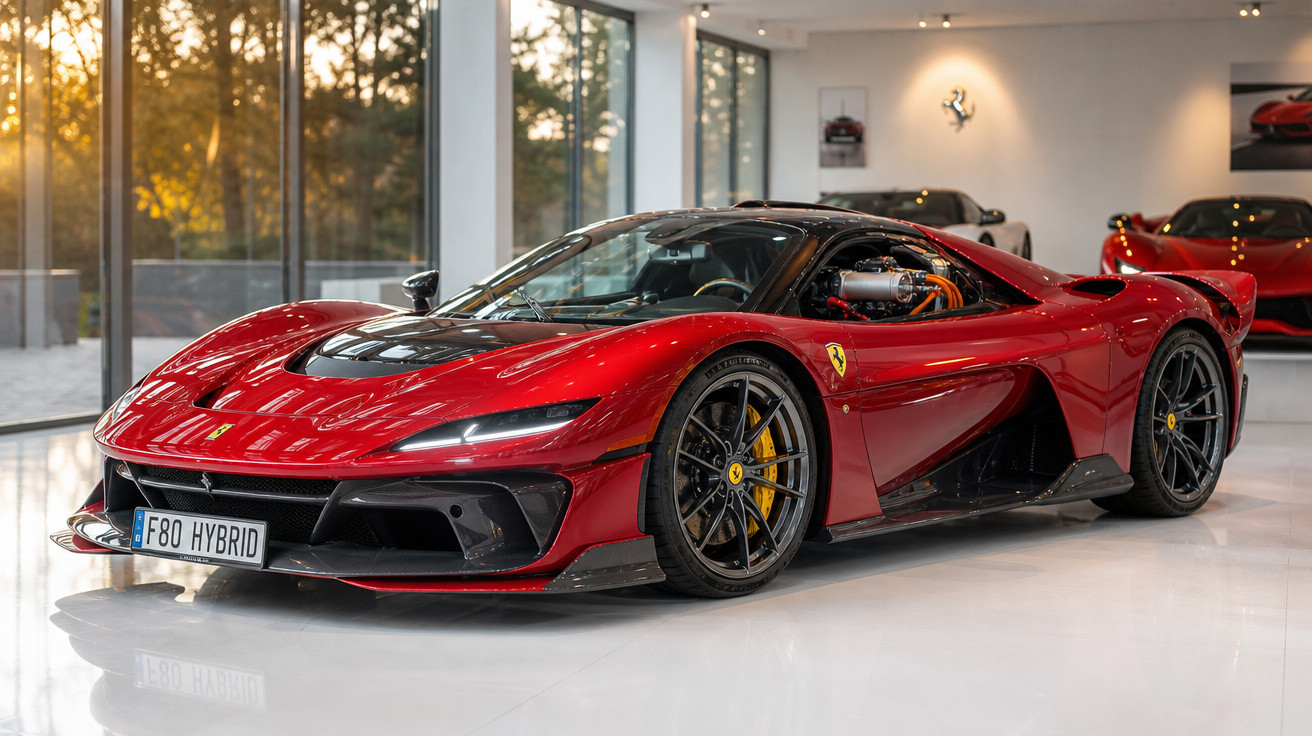 Ferrari vermelha híbrida estacionada em showroom moderno com janelas grandes ao pôr do sol.