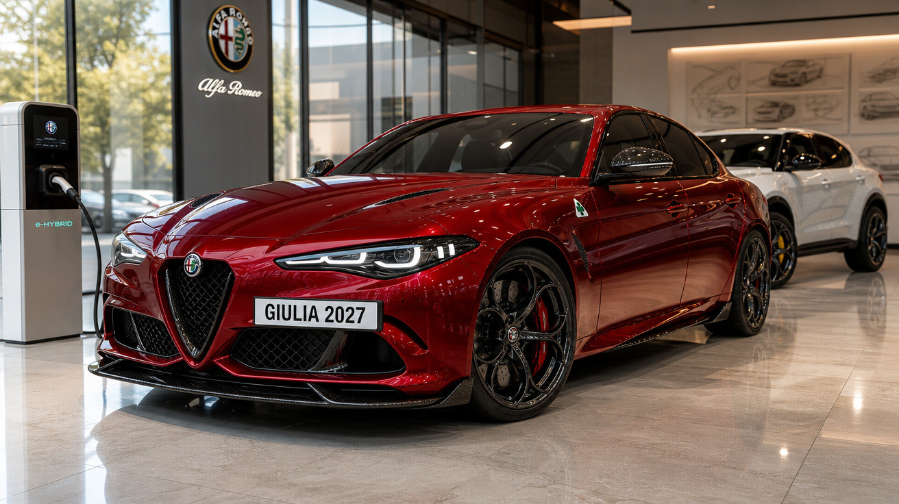 Carro desportivo Alfa Romeo Giulia 2027 vermelho num salão com carregador elétrico.