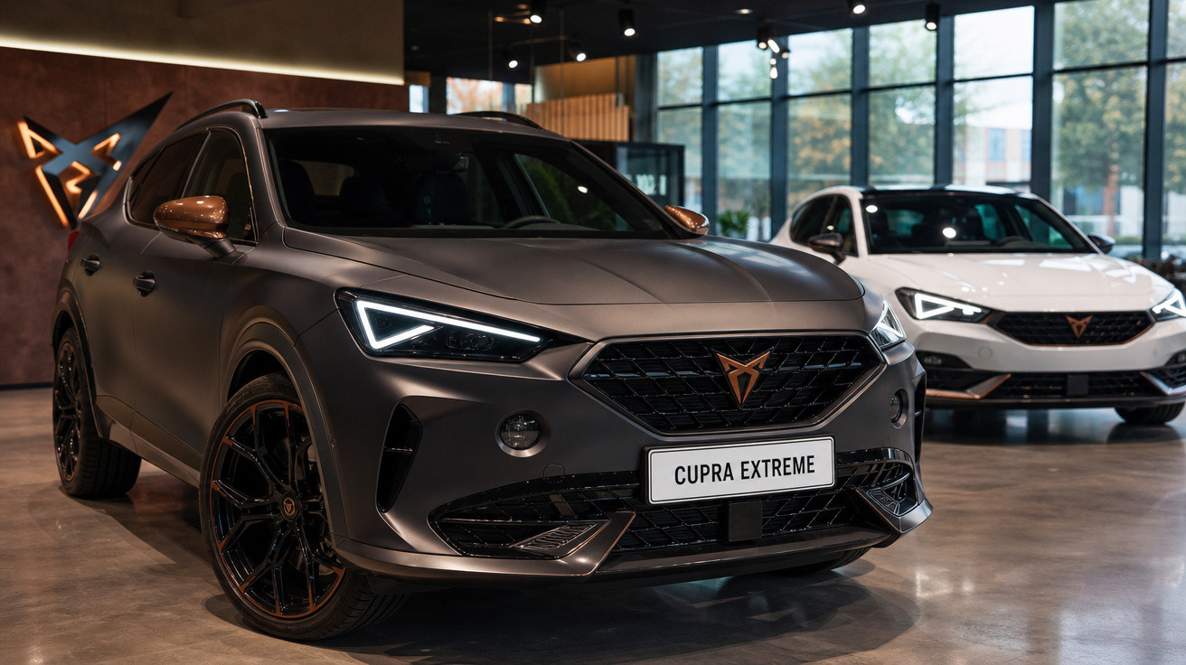 Dois carros Cupra no interior de um showroom, um SUV cinza fosco em destaque à frente e um sedan branco ao fundo.
