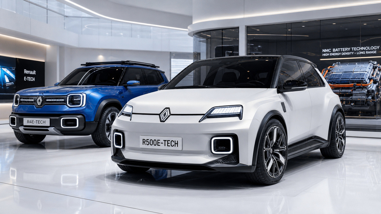 Dois carros elétricos Renault expostos em showroom moderno e iluminado, um branco e outro azul.