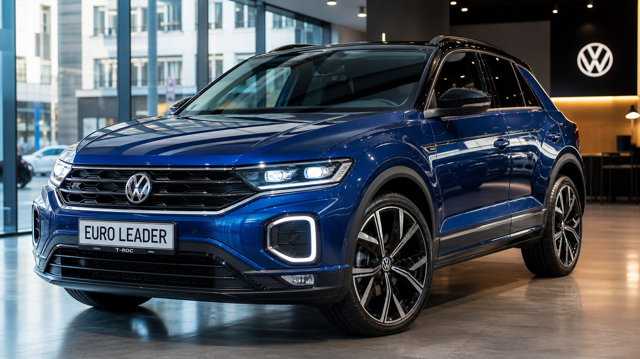 Carro SUV Volkswagen T-Roc azul metalizado em exposição dentro de concessionário moderno.