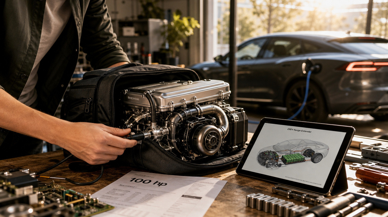 Pessoa a montar motor elétrico portátil numa mesa com tablet que mostra esquema de carro elétrico em oficina com carro a carr
