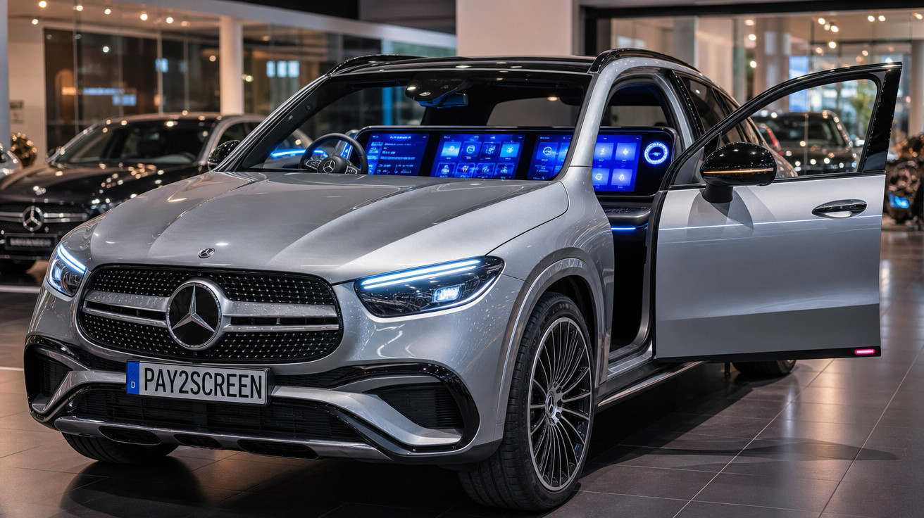 Automóvel Mercedes-Benz prata estacionado com porta dianteira aberta e ecrã digital interior iluminado.