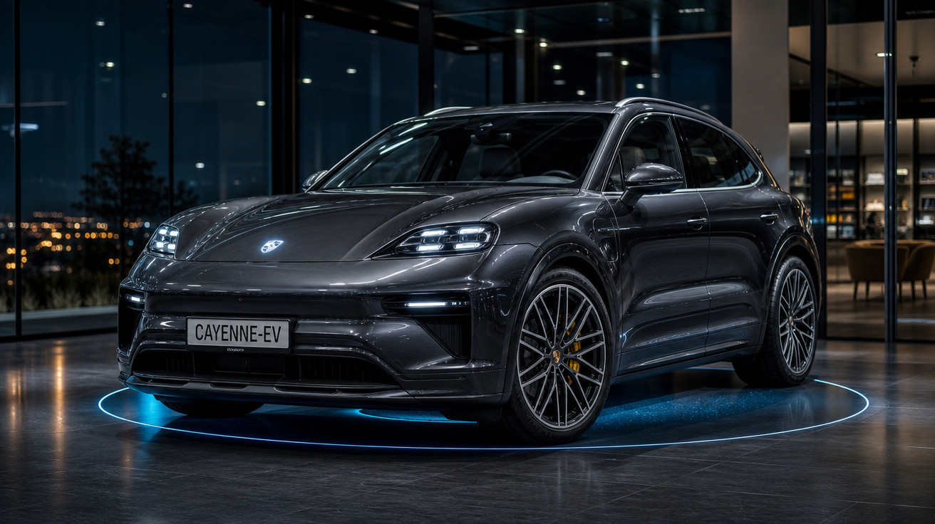 Carro elétrico Porsche Cayenne EV cinzento escuro estacionado em espaço interior moderno com iluminação azul.