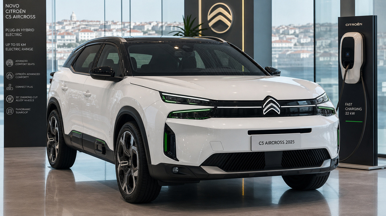 Automóvel Citroën C5 Aircross 2025 branco a carregar em posto de carregamento elétrico interno.