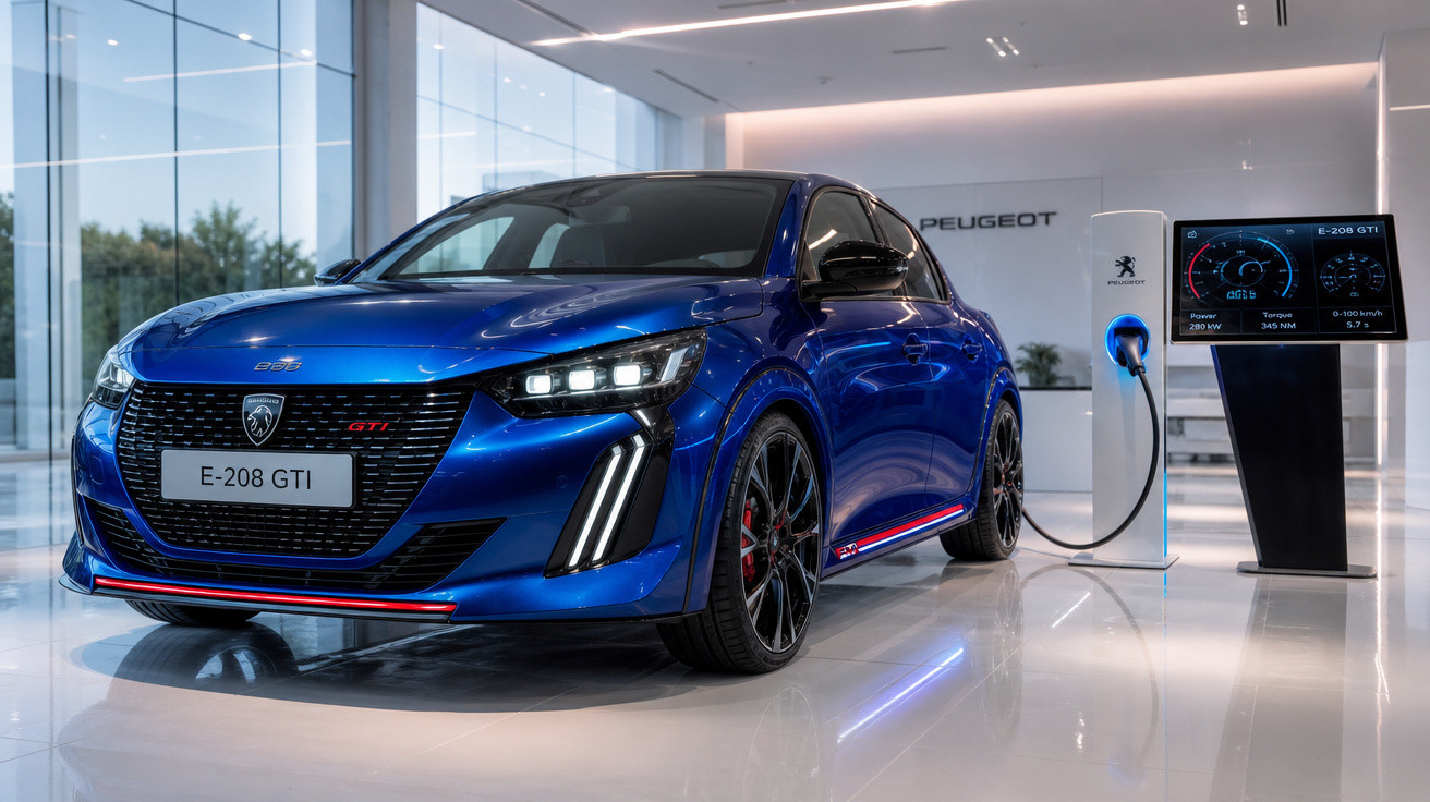 Peugeot elétrico azul E-208 GTI em carregamento numa sala moderna e luminosa.