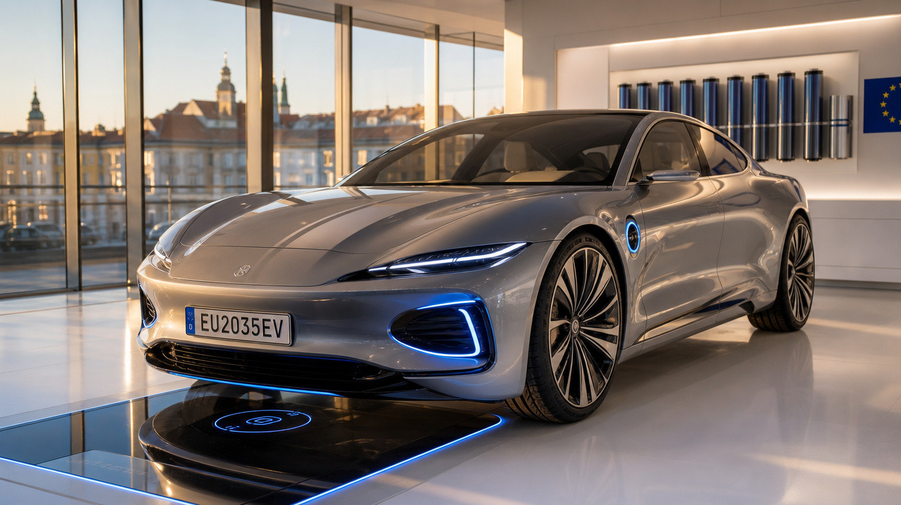 Carro eléctrico prateado moderno em exposição num espaço interior com janelas amplas e cidade ao fundo.