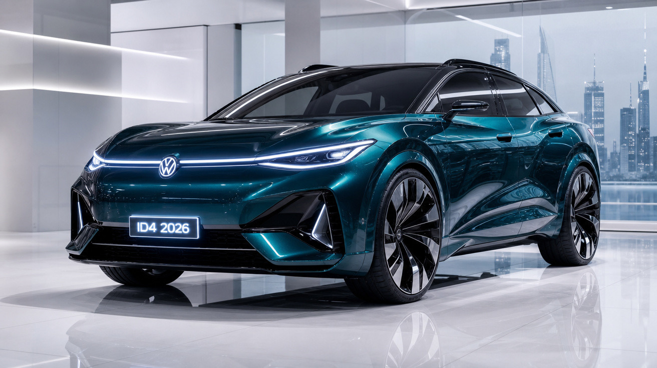 Carro elétrico Volkswagen ID.4 2026 verde fosco mostrado em ambiente futurista, com luzes LED e jantes de liga leve.