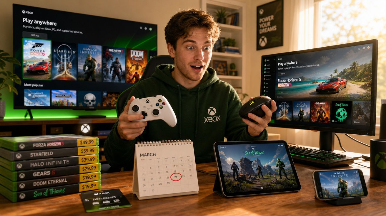 Homem entusiasmado com comandos e vários dispositivos a mostrar jogos Xbox em ambiente doméstico.