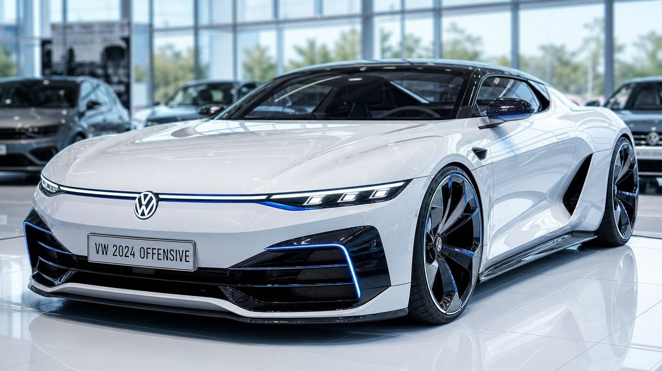 Carro desportivo branco Volkswagen 2024 Offensive exposto em salão moderno com jantes pretas e detalhes azuis.